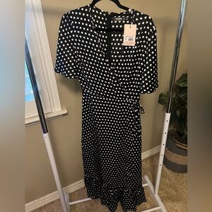 Women’s black polka dot wrap dress.  Misguided brand, size 8.